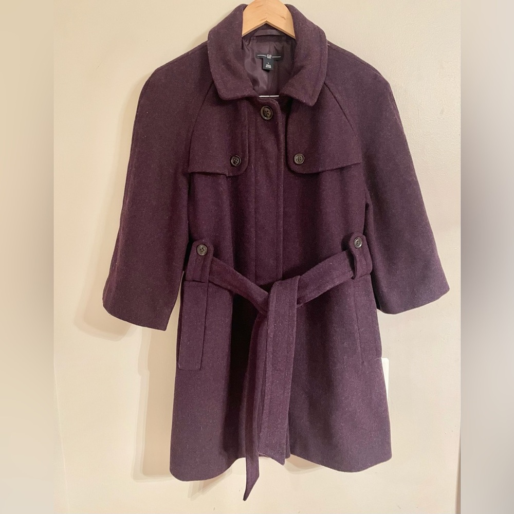 Gap Women’s Wool Blend Winter Coat Purple Jacket Peacoat 3/4 Sleeve w/ Belt Sz L